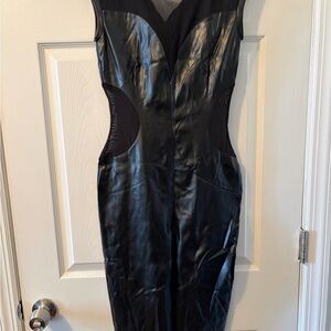 TFNC Black Faux Leather Midi Dress with Mesh Insets